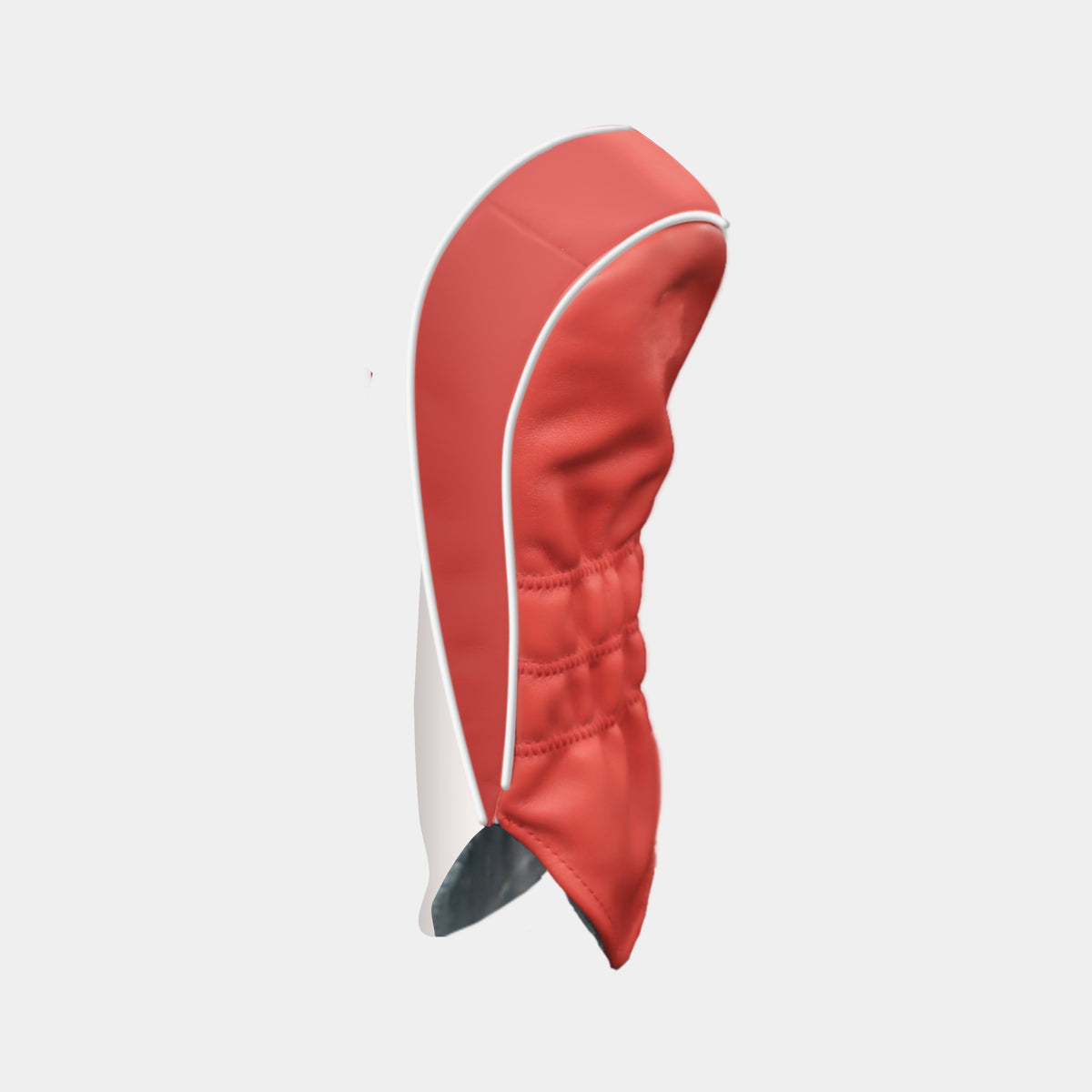 A red and white golf club headcover shown from a side profile view against a light gray background.