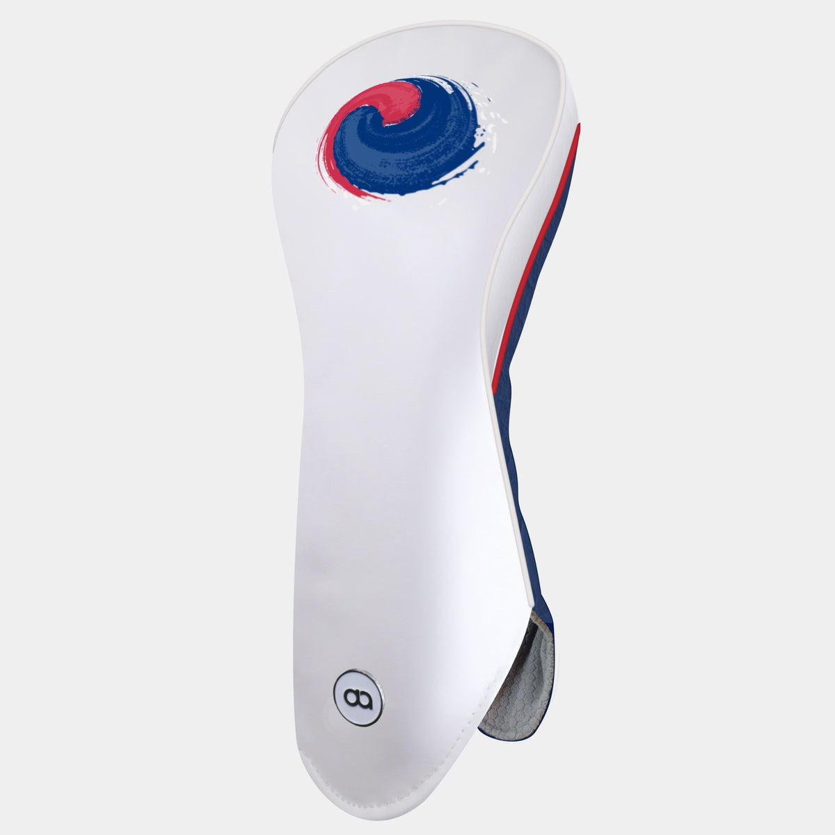 A white and blue leather golf club headcover with a blue and red painted circular Korean emblem near the top shown on a light gray background.