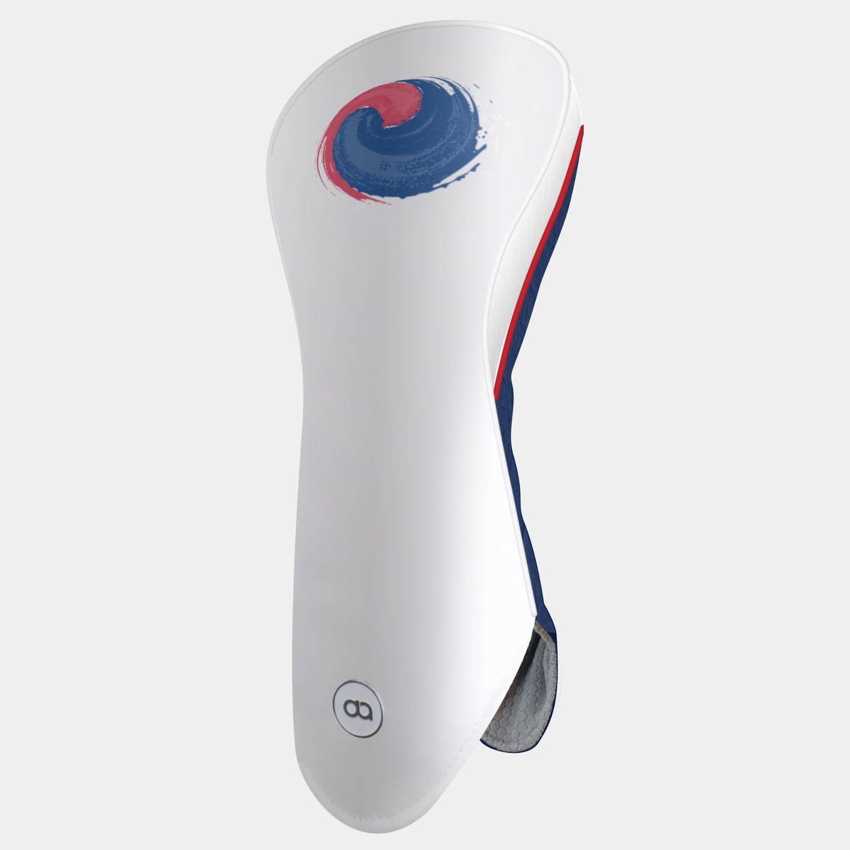 A white and blue leather golf club headcover with a blue and red painted circular Korean emblem near the top shown on a light gray background.