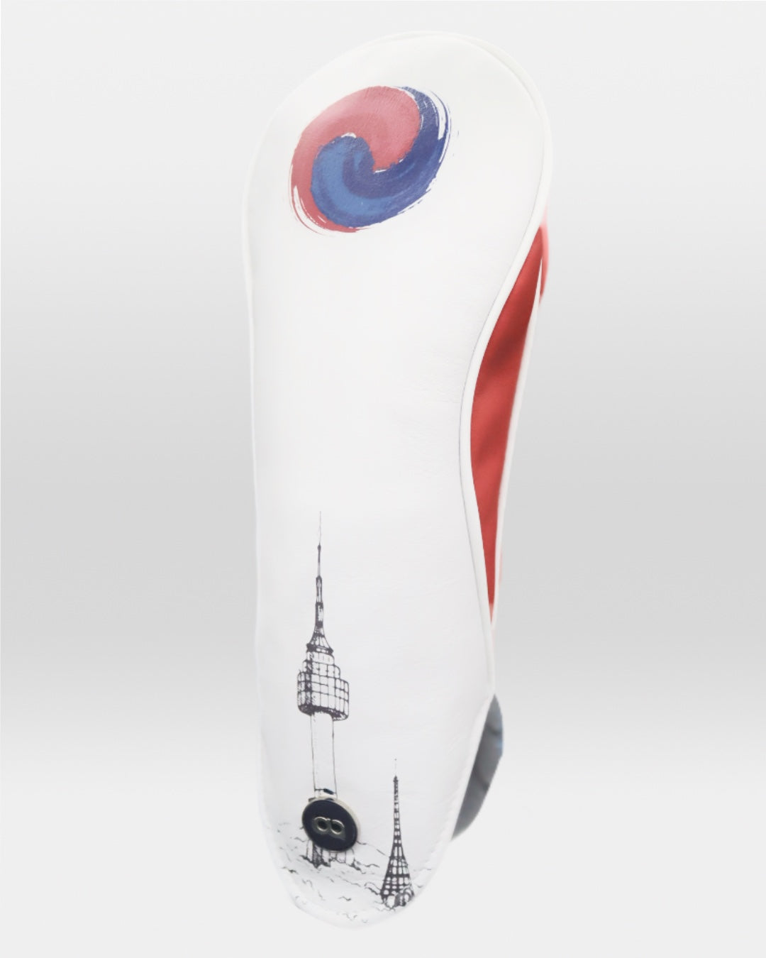 White, red and blue leather driver golf club replacement headcover. Golf gift for men /women. Designer golf accessory. Waterproof. Customisable. Digital print.