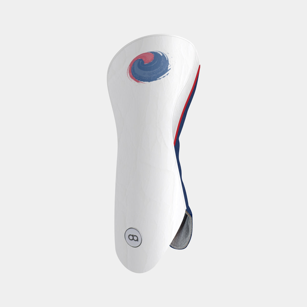 A white lKorea eather golf club headover with a blue and red circular KOREAN design on the top, a red and blue side accent, and a gray foot, shown on a light gray background.