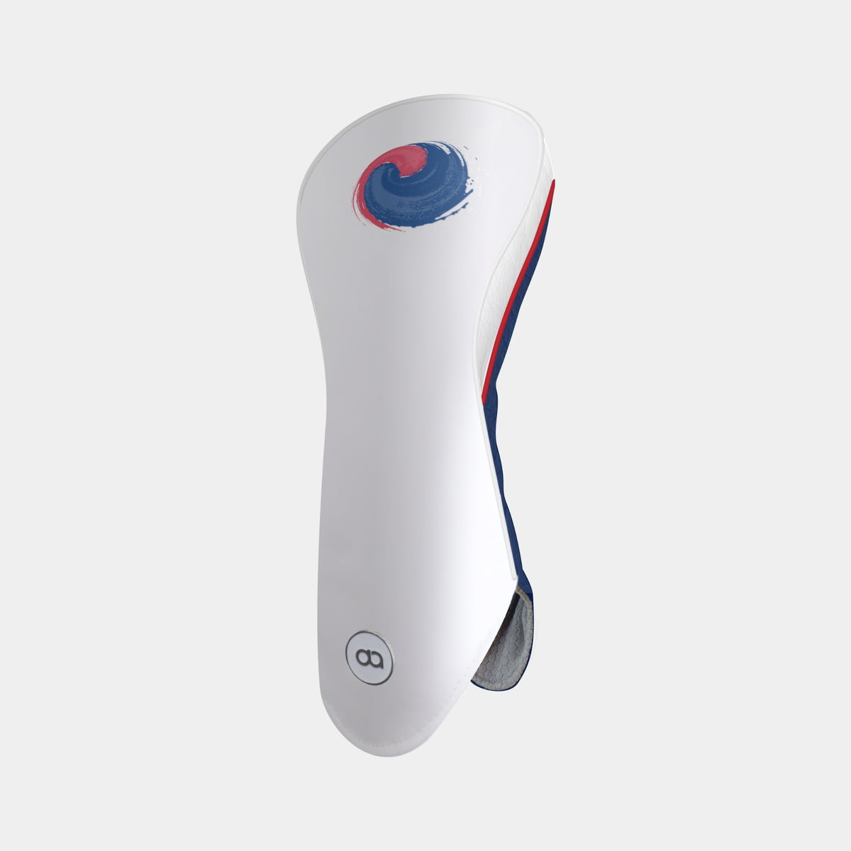 A white lKorea eather golf club headover with a blue and red circular KOREAN design on the top, a red and blue side accent, and a gray foot, shown on a light gray background.