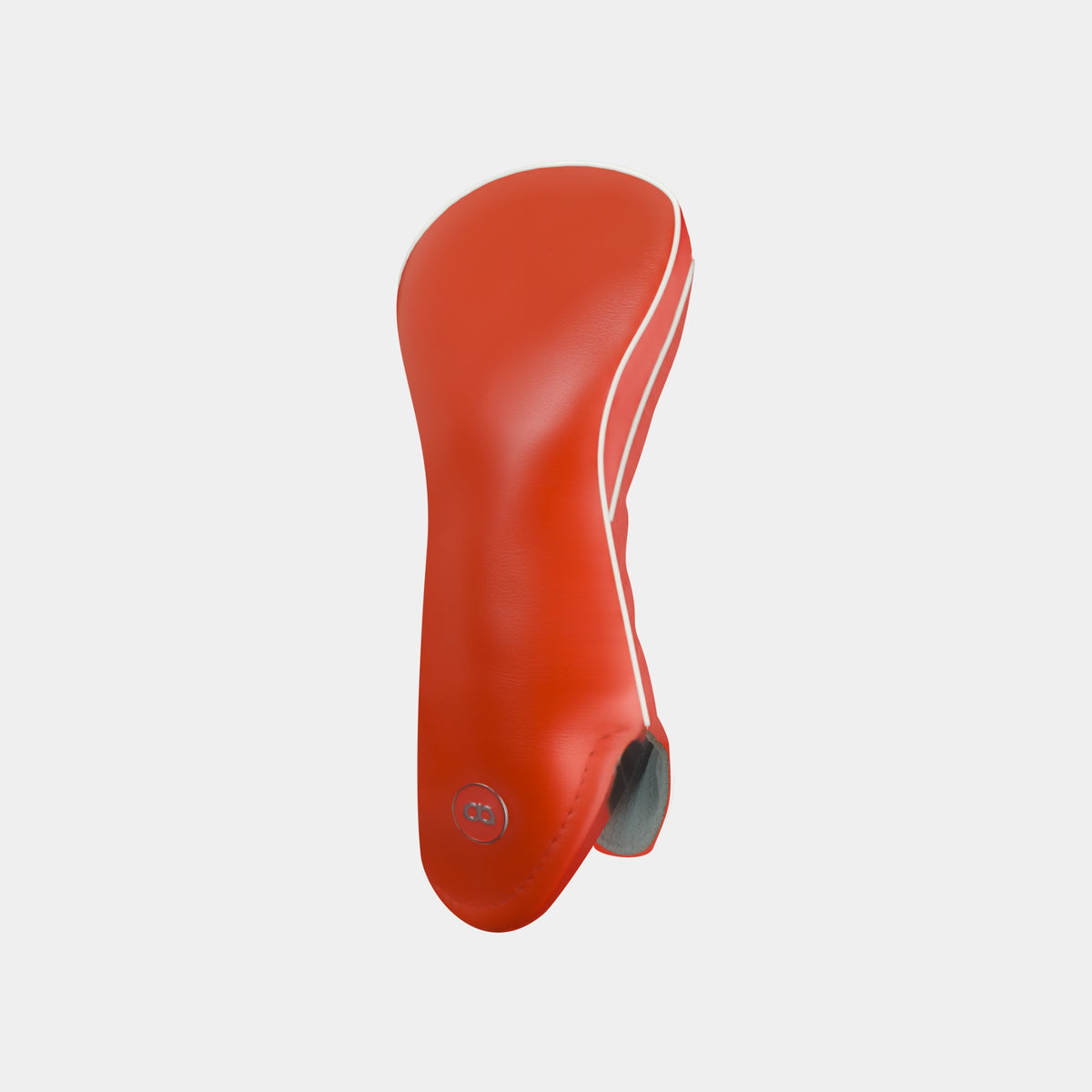 A red golf club headcover with white piping trim and a gray lining, shown against a plain light gray background.