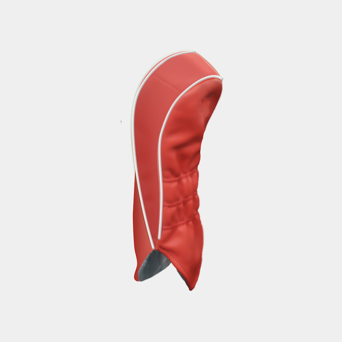 A red golf club headcover with white piping trim and a gray lining, shown against a plain light gray background.