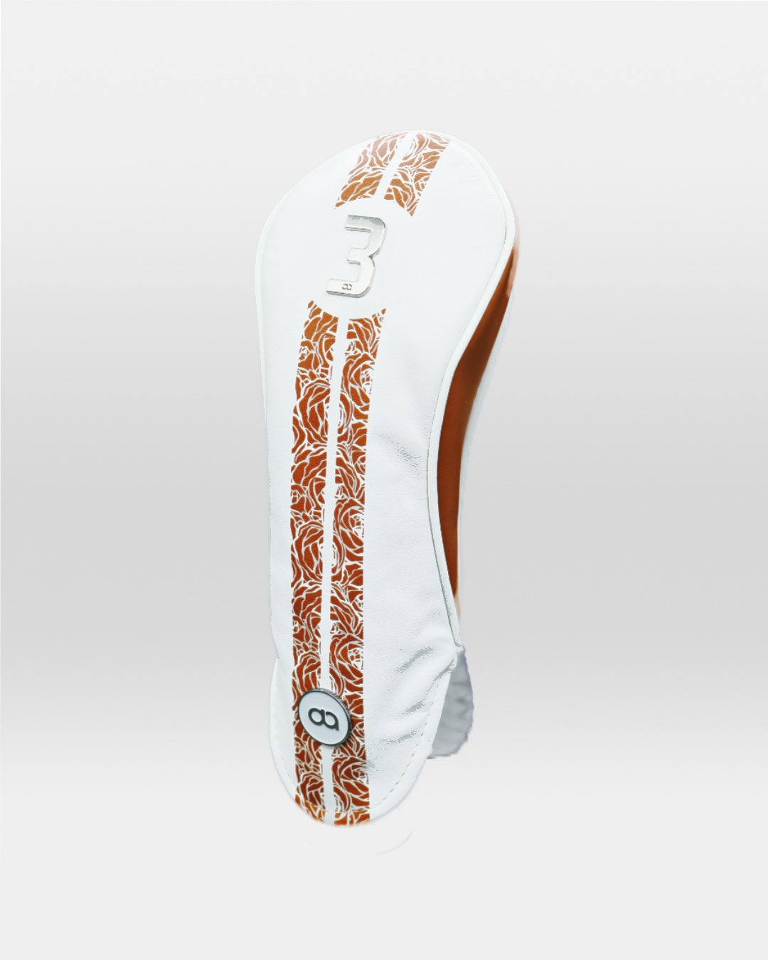 White and bronze leather headcover with rose design by David Alexander