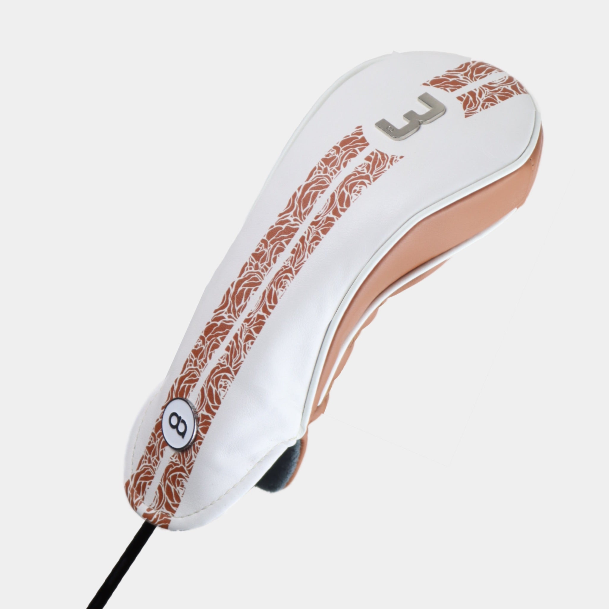 White and bronze leather headcover with rose design by David Alexander