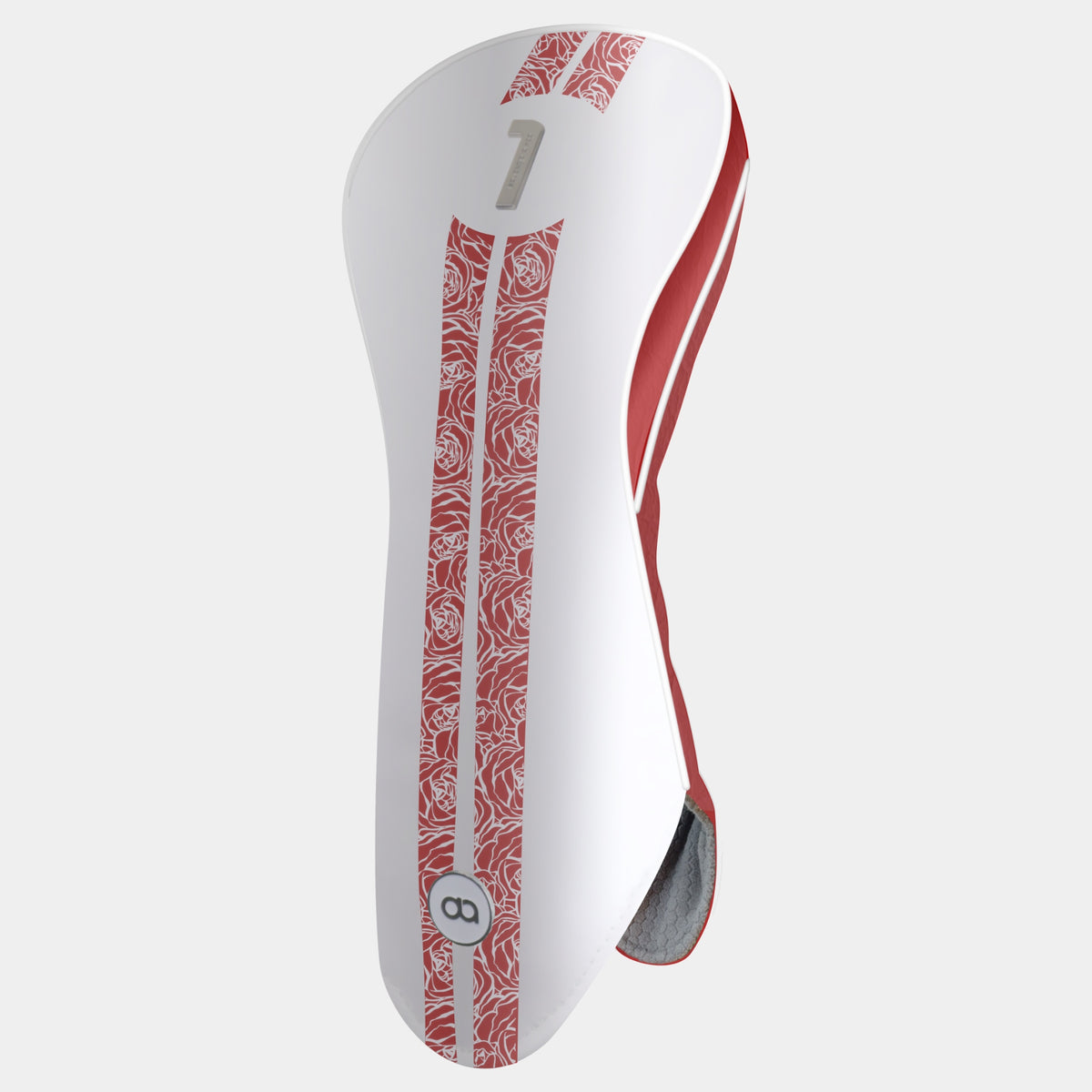 A golf club headcover in white with a vertical crimson red rose pattern stripe, a metal number 1 on the upper section.