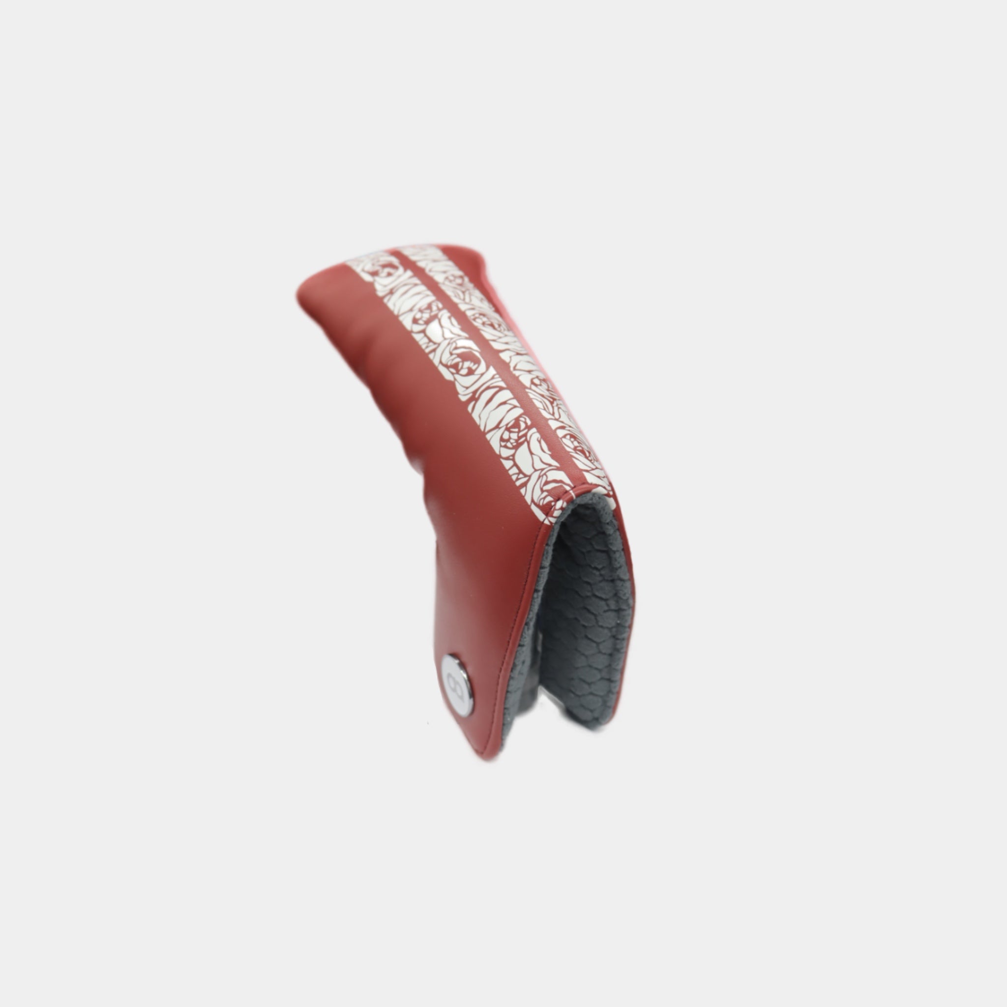 Red golf club head cover with white rose pattern by David Alexander
