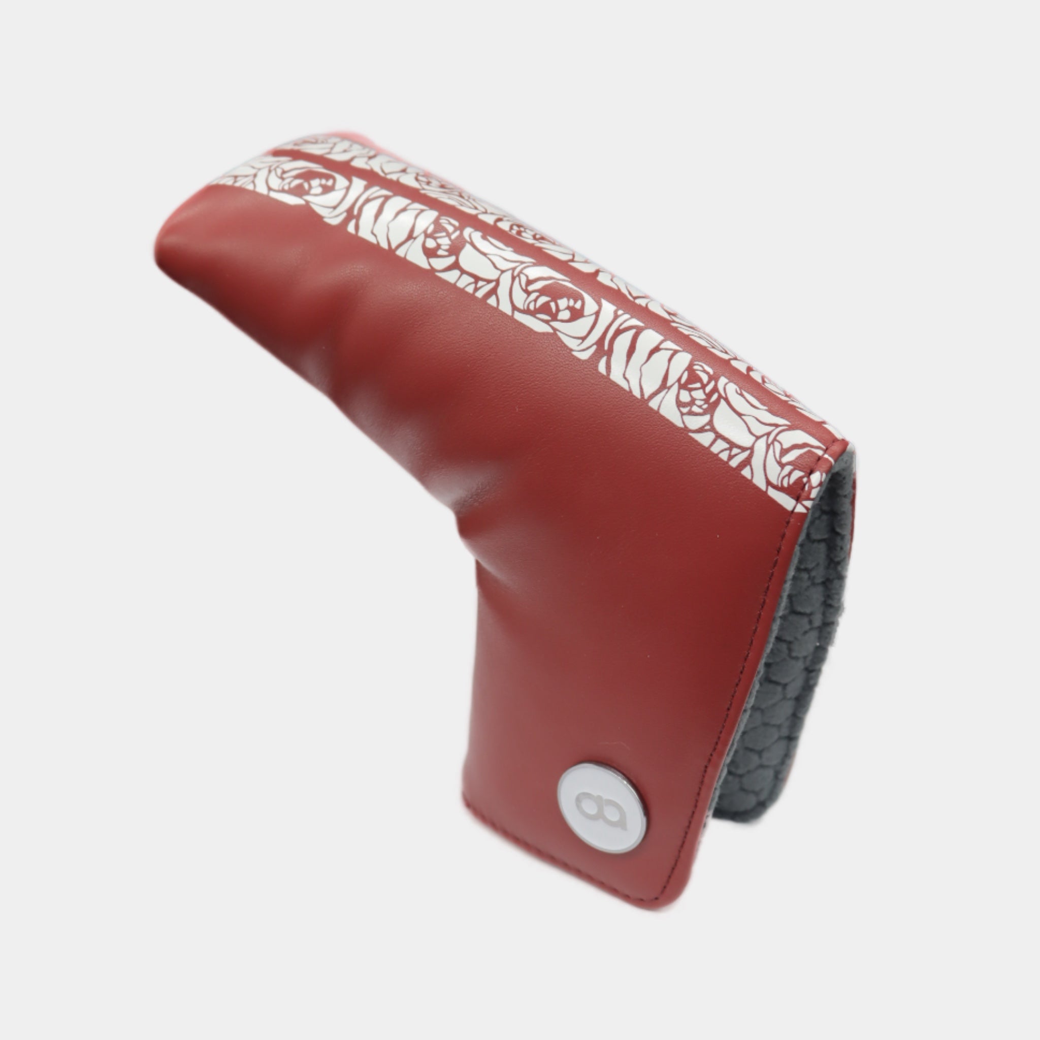 Red golf club head cover with white rose pattern by David Alexander