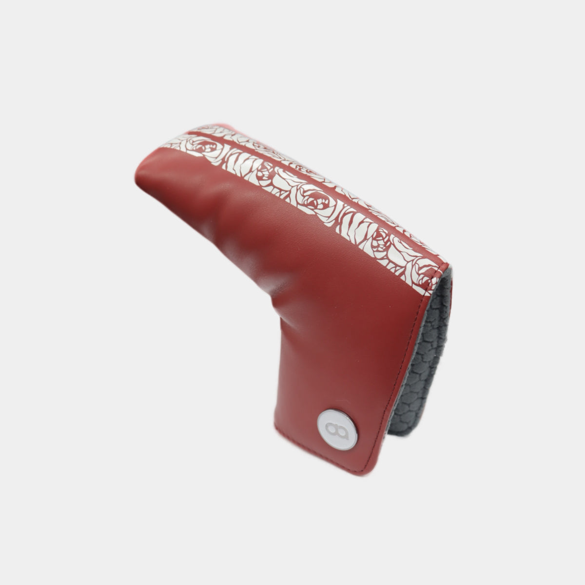 Red golf club head cover with white rose pattern by David Alexander
