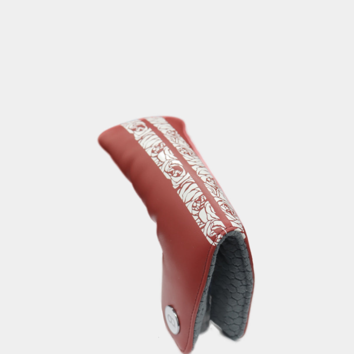 Red golf club head cover with white rose pattern by David Alexander