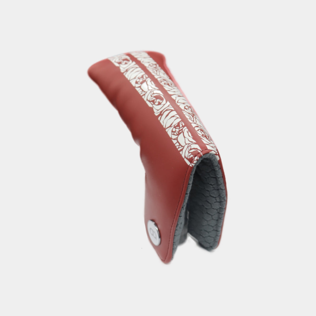 Red golf club head cover with white rose pattern by David Alexander