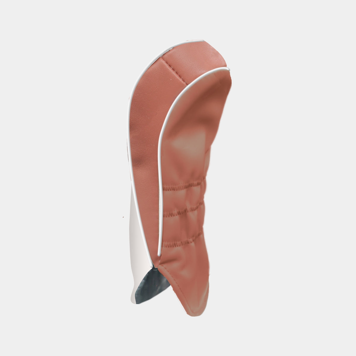 The reverse of white and terracotta golf club headcover with a vertical St. Andrews cityscape stripe design and a chrome number 3 on the upper portion shown on a light gray background.