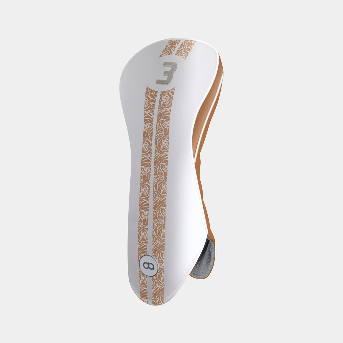 White and bronze leather golf club headcover with rose design and chrome no. 3 insignia.