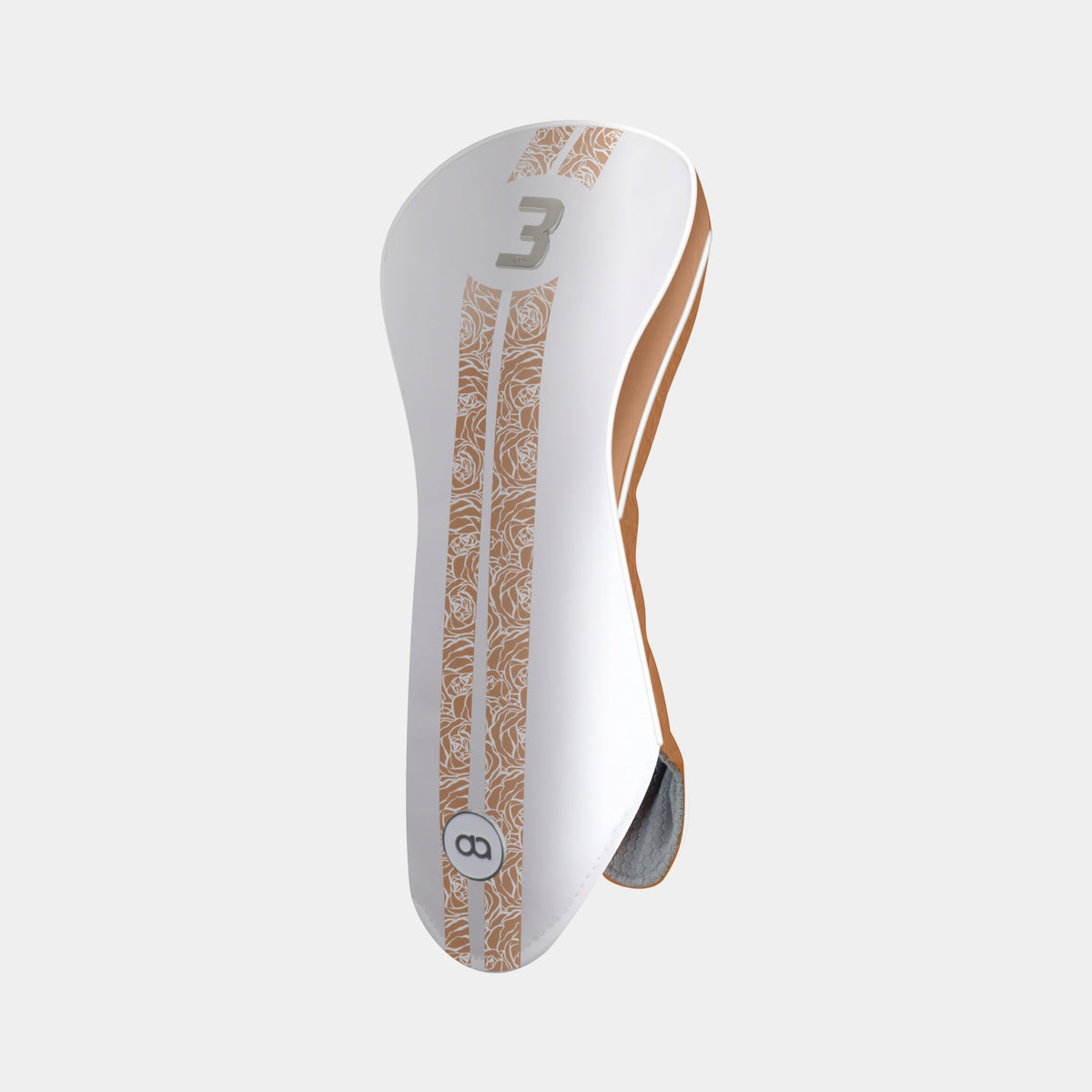 White and bronze leather golf club headcover with rose design and chrome no. 3 insignia.