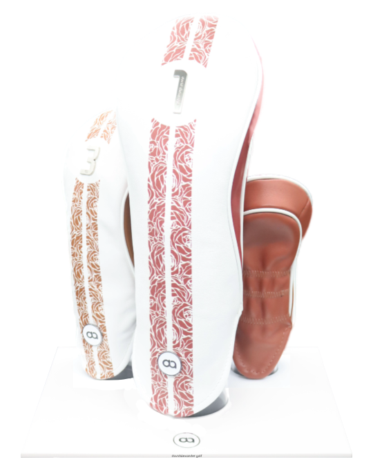 White and red and bronze leather golf club headcover set with chrome numbers and rose stripe design by David Alexander.