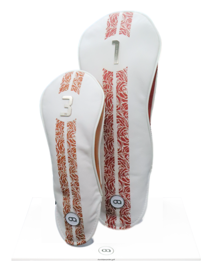 White and bronze leather fairway head cover with rose design and chrome number.