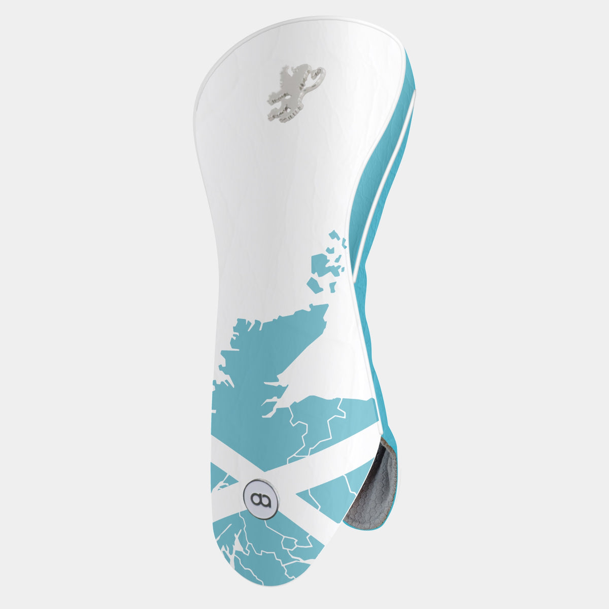 A white and aqua blue golf club headcover featuring a map of Scotland, the Scottish flag, and a silver lion logo, shown on a light gray background.
