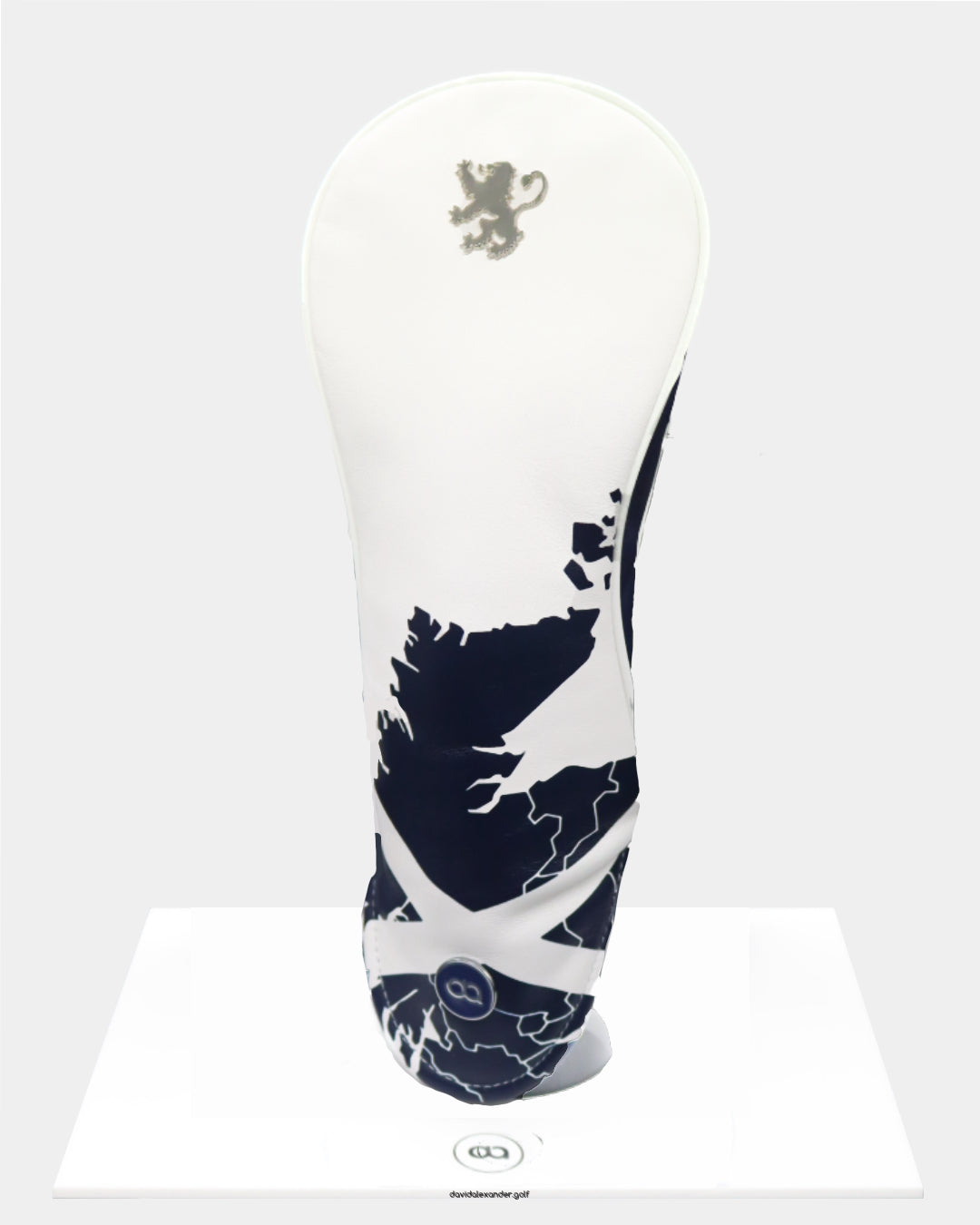 Scotland leather driver headcover cut in white and navy blue with a chrome rampant lion and UV-printed Scotland map design