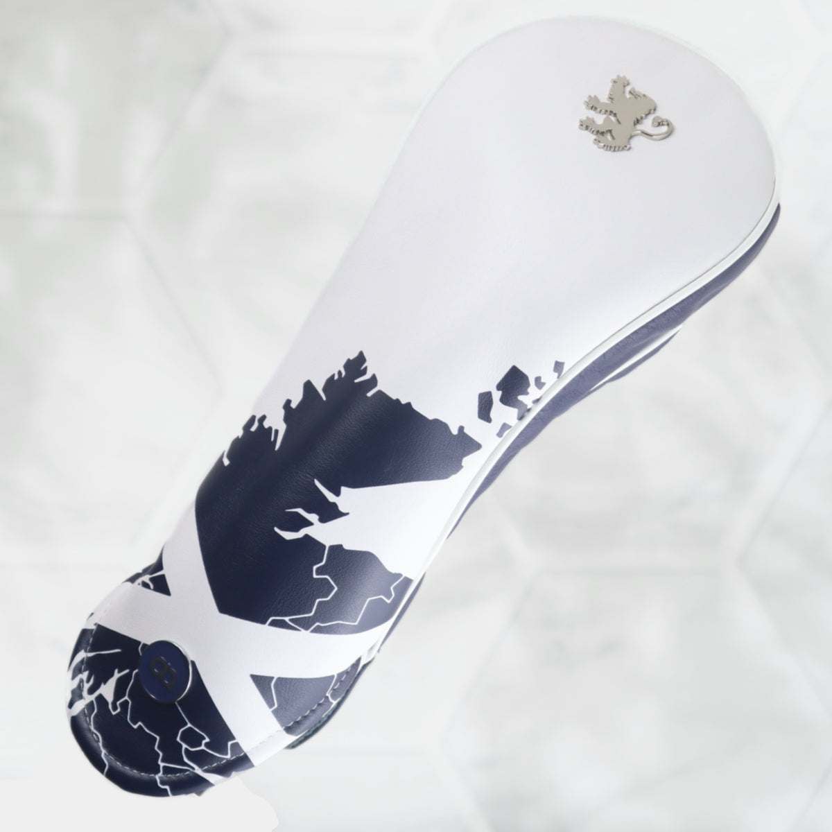 Scotland leather driver headcover cut in white and navy blue with a chrome rampant lion and UV-printed Scotland map design