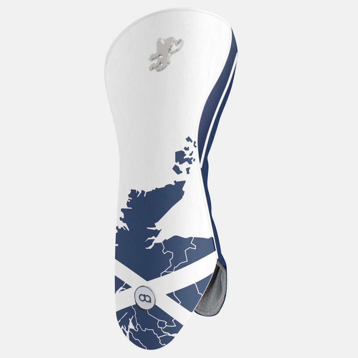 A white and navy blue golf club headcover featuring a map of Scotland, the Scottish flag, and a silver lion logo, shown on a light gray background.