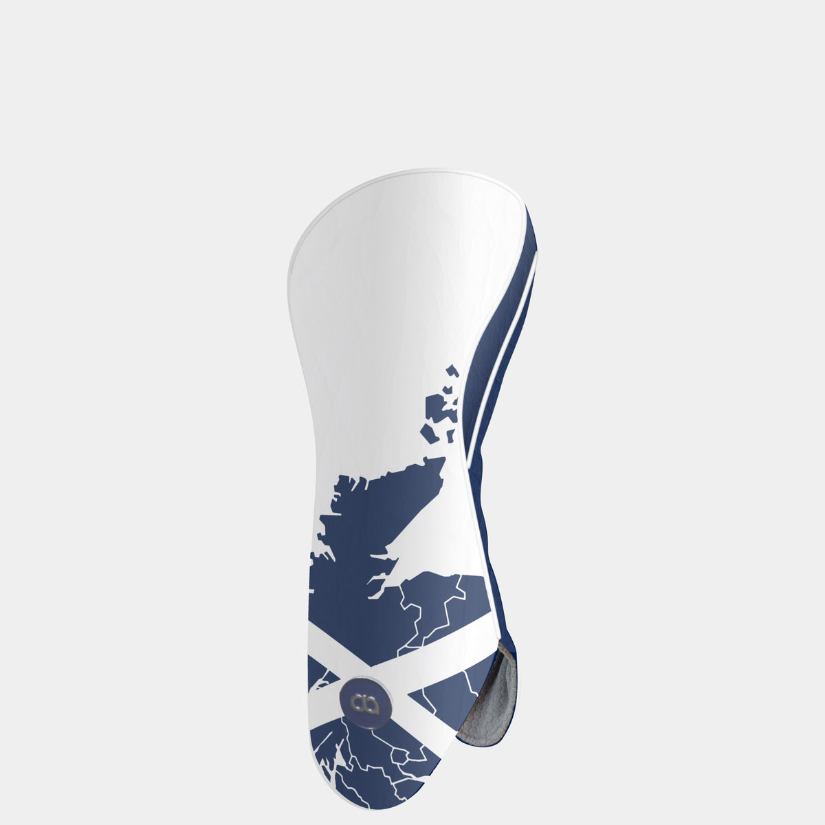 A white and navy blue leather golf club headcover featuring a map of Scotland, and the Scottish saltire flag, shown on a light gray background.