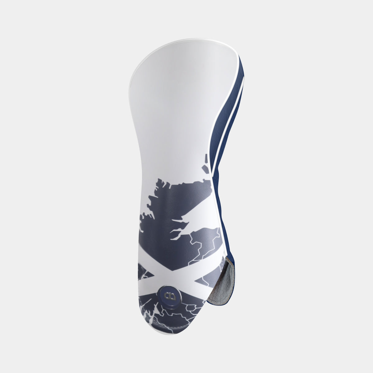 A white and navy blue leather golf club headcover featuring a map of Scotland, and the Scottish saltire flag, shown on a light gray background.