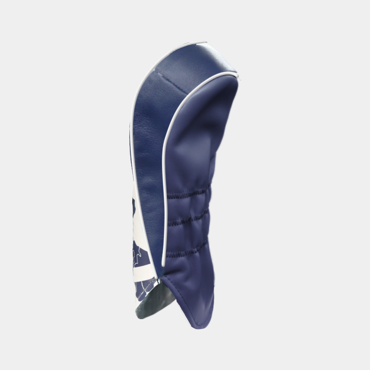 A navy blue golf club headcover with white piping and a white side panel, shown from a side profile view against a light gray background.