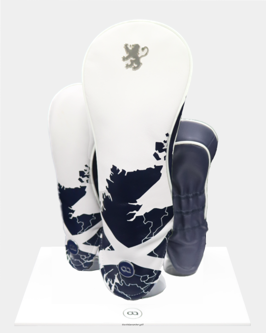 Scotland white and blue golf club leather headcover set with chrome lion by David Alexander.
