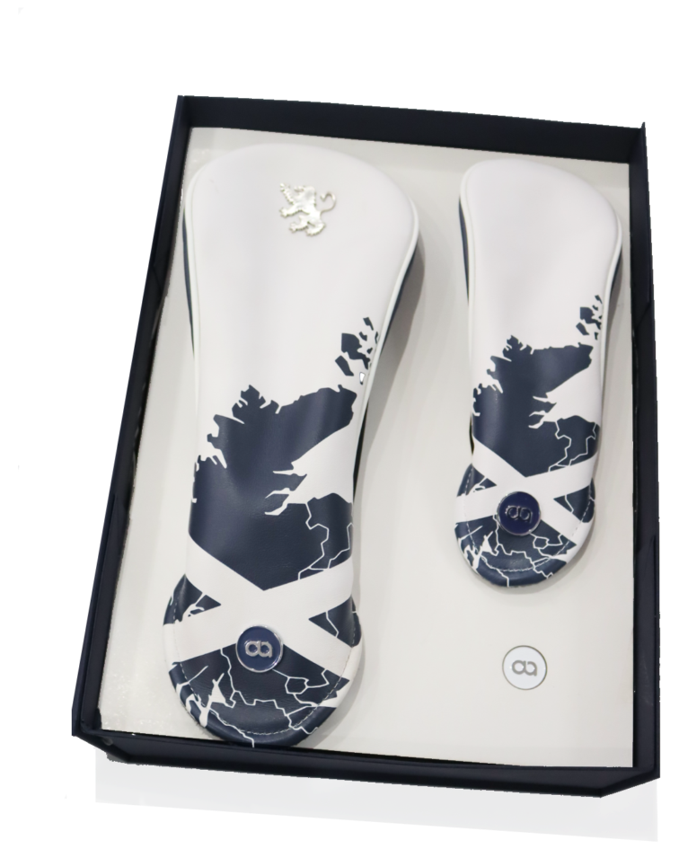 White and blue Scotland leather headcovers in a gift box by David Alexander Golf