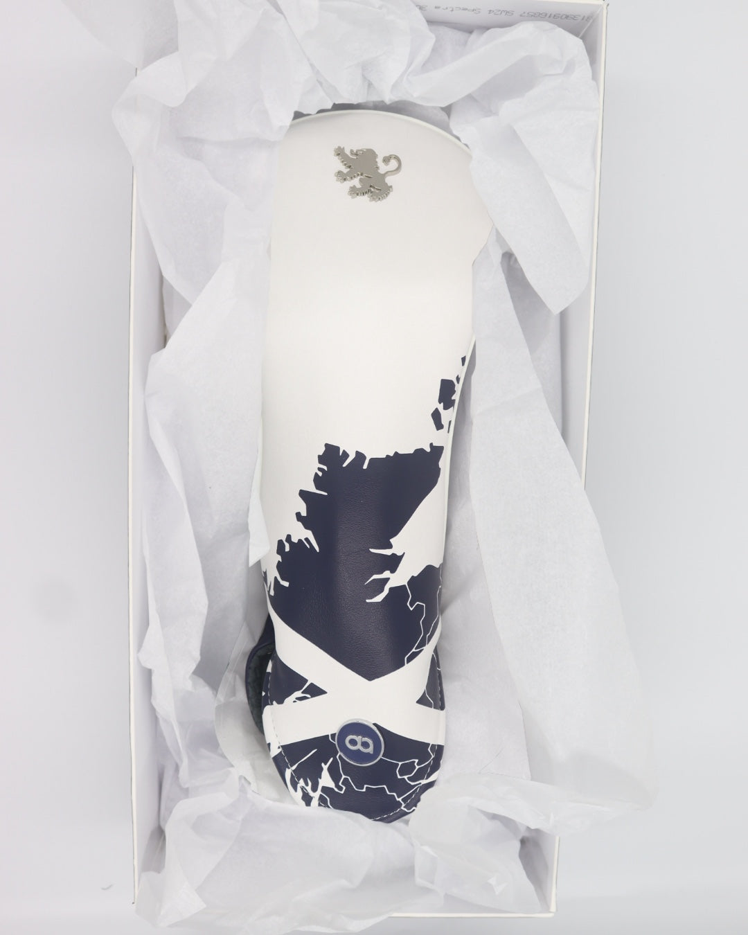 Scotland white and navy blue leather golf club headcover in a gift box. David Alexander Golf