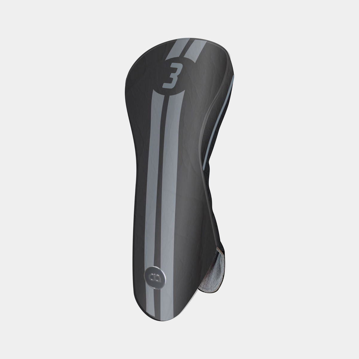 A black leather golf club cover with a black base, featuring two vertical silver stripes and a chrome number 3 on the upper portion, shown against a light gray background.