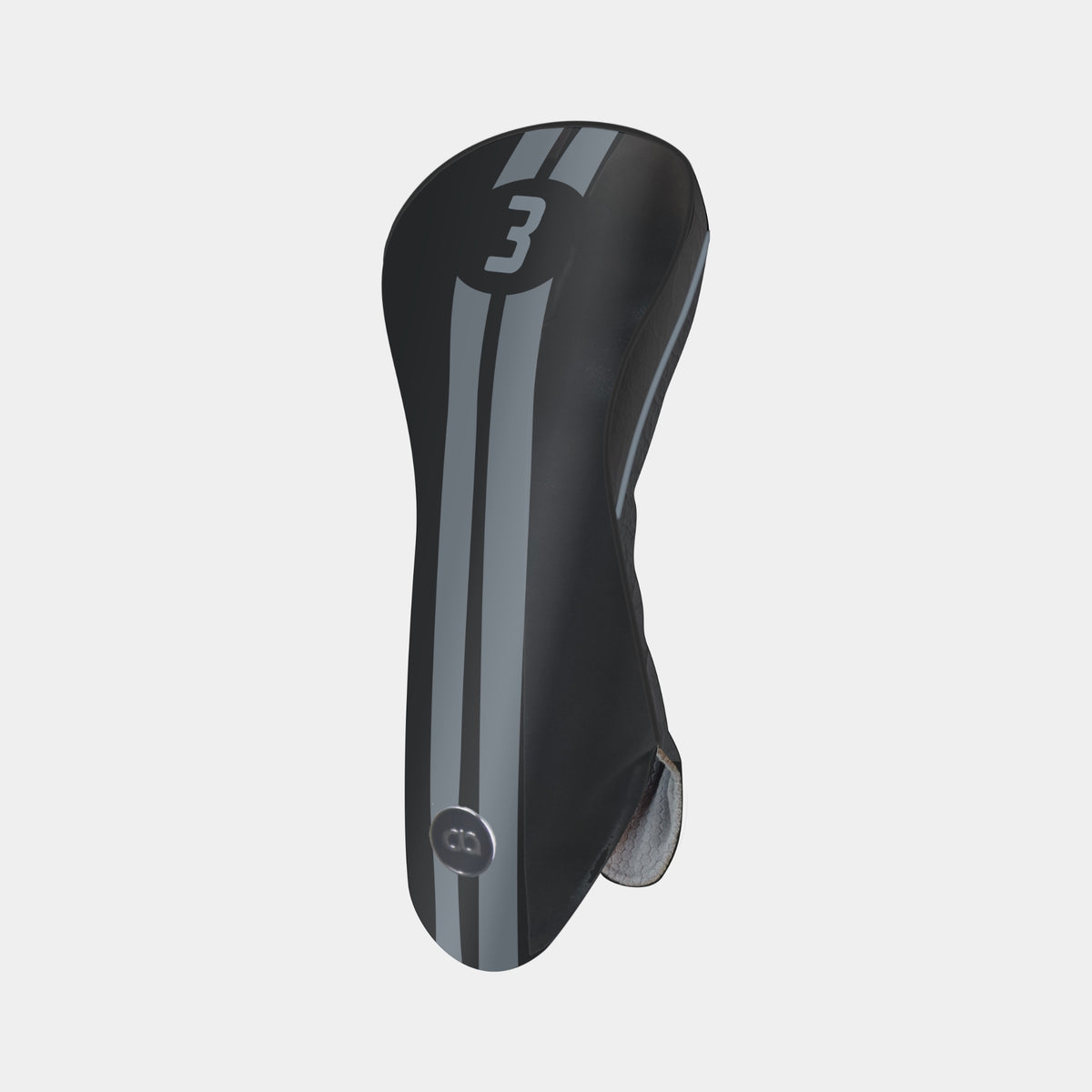 A black leather golf club cover with a black base, featuring two vertical silver stripes and a chrome number 3 on the upper portion, shown against a light gray background.