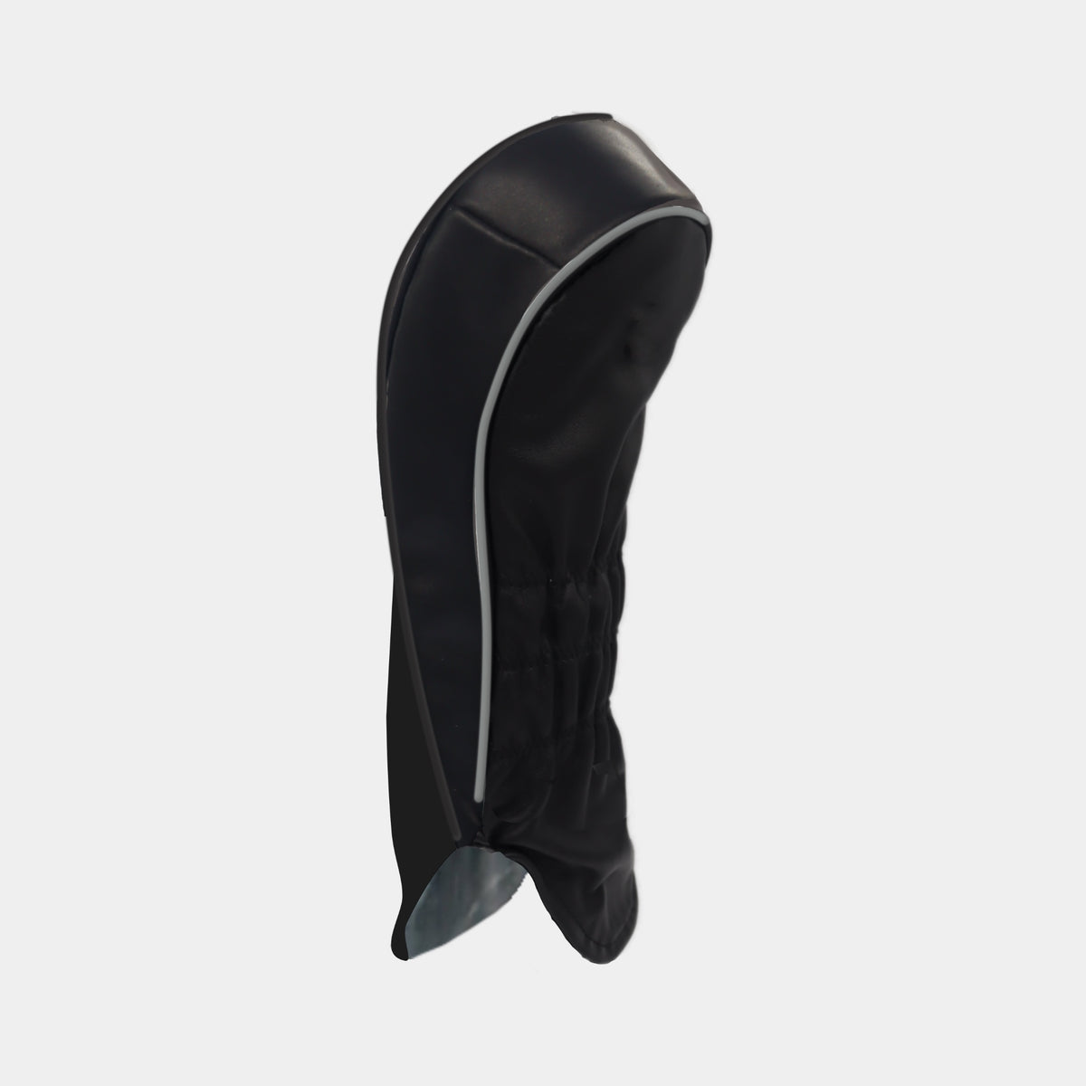 A black leather golf club headcover with gray pipping shown against a plain light gray background.