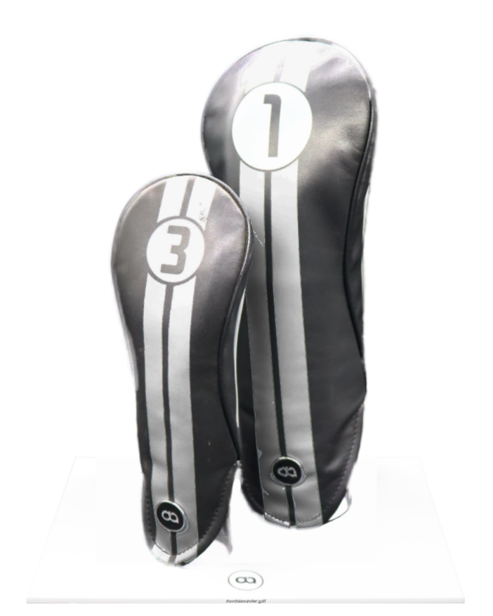 Black leather fairway wood leather headcover with a silver racing stripe.