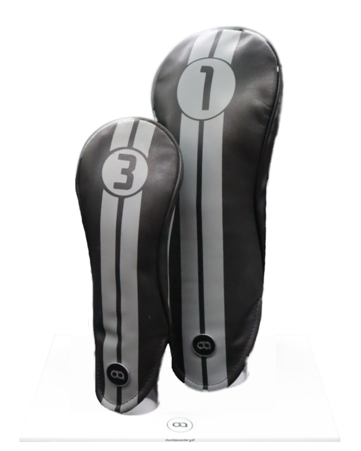 Black leather fairway wood leather headcover with a silver racing stripe.