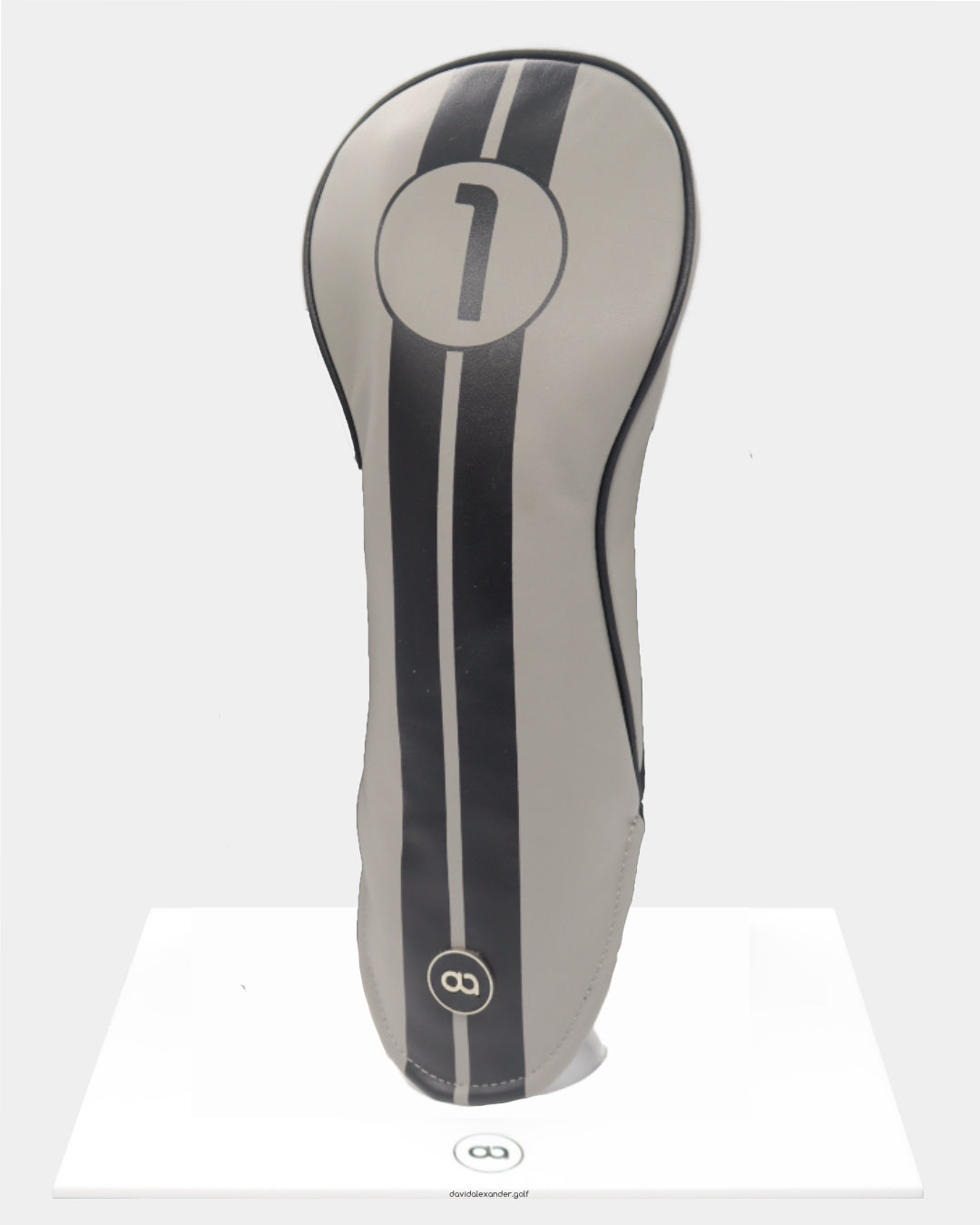 Grey and black Racing Line leather driver golf club replacement headcover. Golf gift for men. Designer golf accessory. Waterproof. Customisable. Digital print.