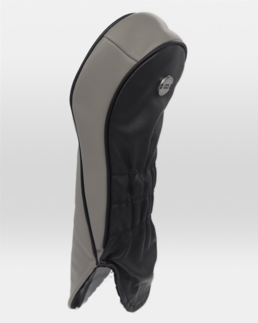 Grey and black Racing Line leather driver golf club replacement headcover. Golf gift for men. Designer golf accessory. Waterproof. Customisable. Digital print.