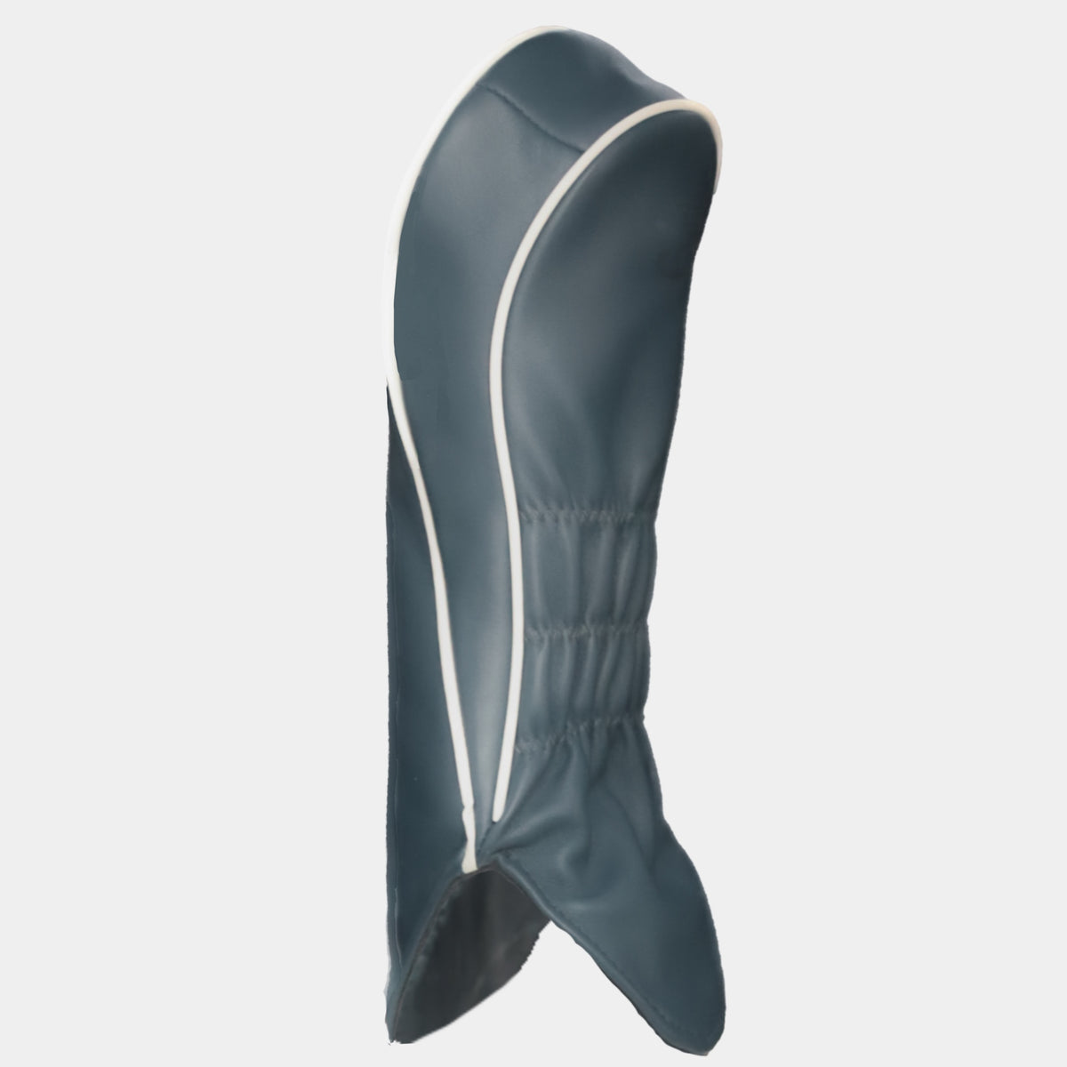 The reverse of a leather Madeira blue golf club headcover with white piping and shown on a plain light gray background.