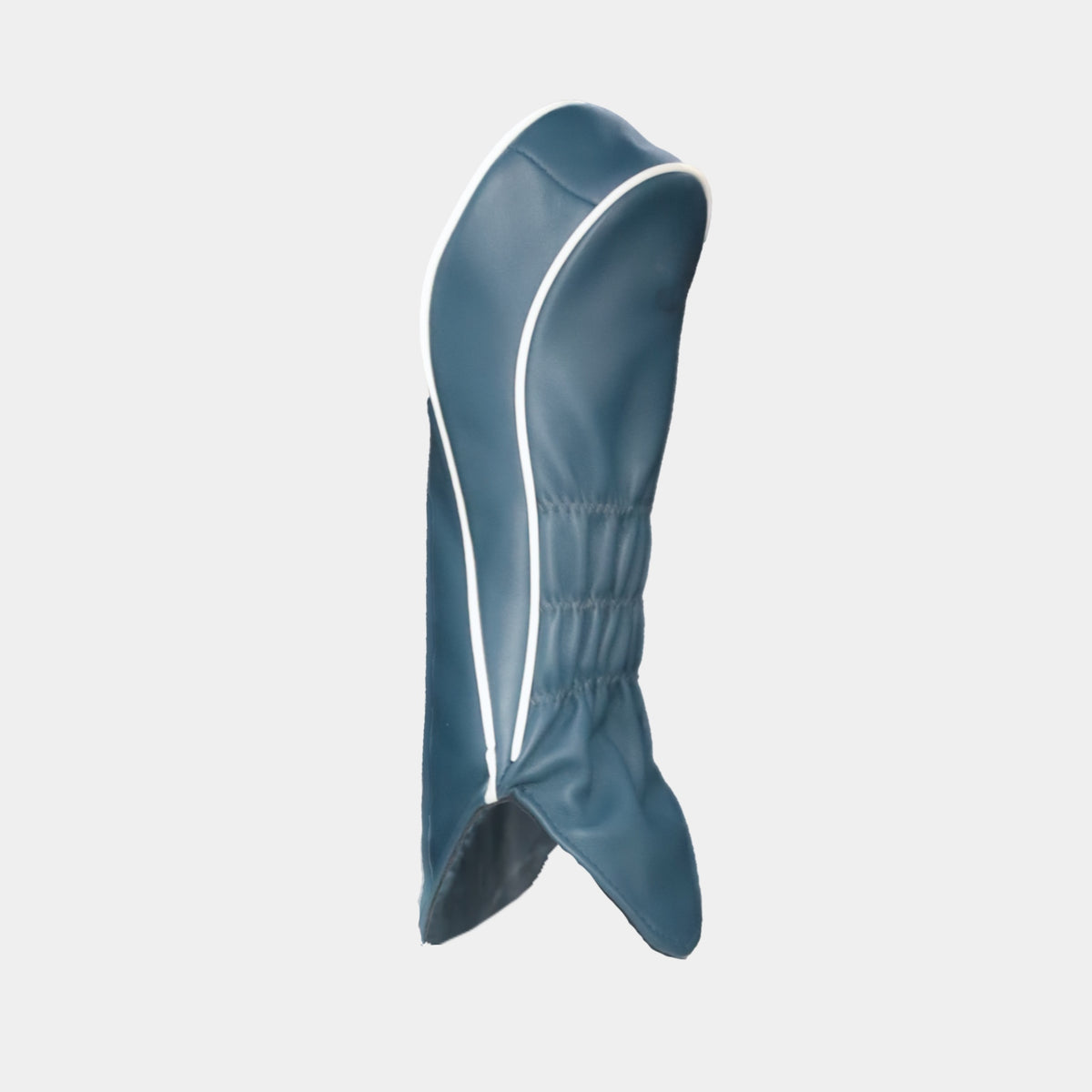 The reverse of a leather madeira blue golf club headcover with white piping and shown on a plain light gray background.
