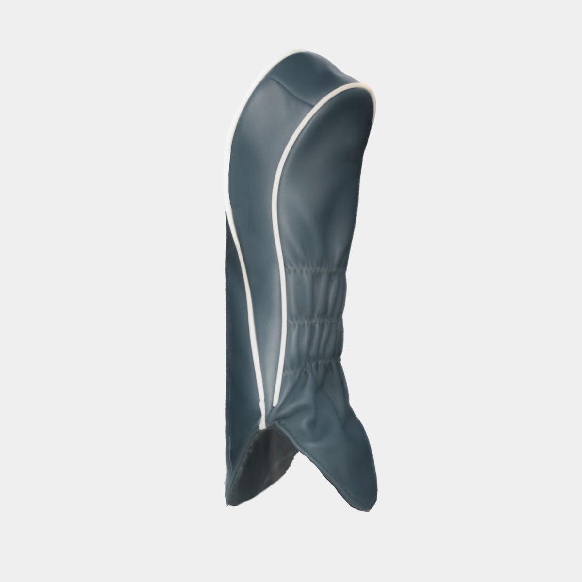 The reverse of a leather madeira blue golf club headcover with white piping and shown on a plain light gray background.