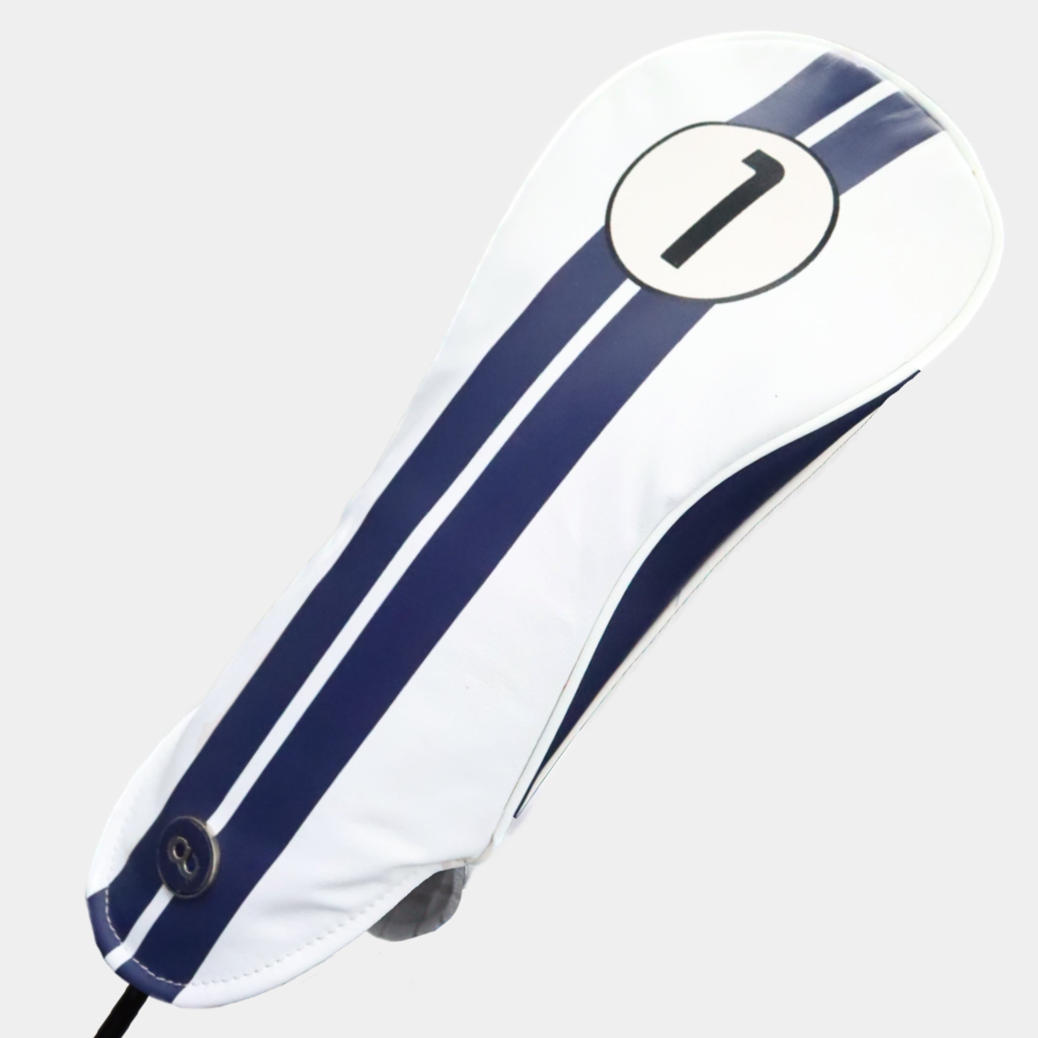 White and blue Racing Line leather driver golf club replacement headcover. Golf gift for men. Designer golf accessory. Waterproof. Customisable. Digital print.