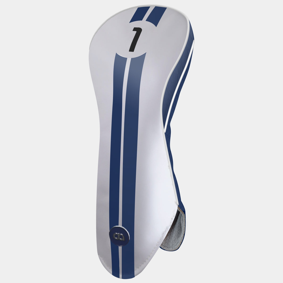 White and navy blue leather golf club replacement headcover with a navy blue racing stripe design and a black number 1. Shown on a grey background.