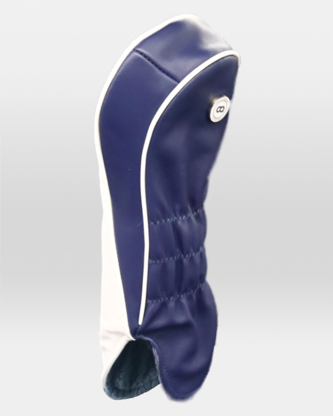 White and blue Racing Line leather driver golf club replacement headcover. Golf gift for men. Designer golf accessory. Waterproof. Customisable. Digital print.