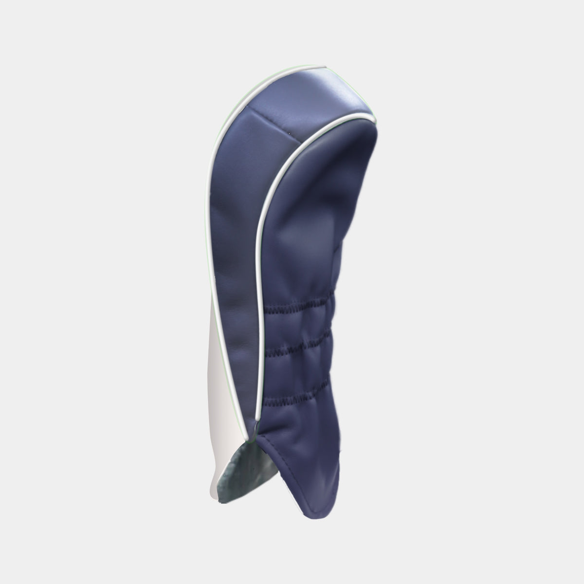 A navy blue golf club headcover with white piping and a white inner lining, shown from a side profile view on a light gray background.