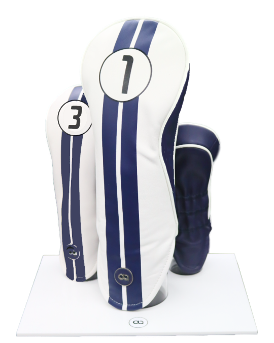 White and blue leather golf club headcover set. Racing Line by David Alexander