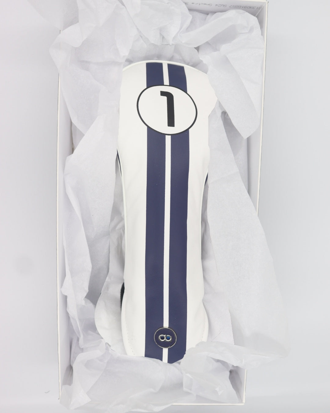 White and navy blue racing line leather golf club headcover in a gift box. David Alexander Golf