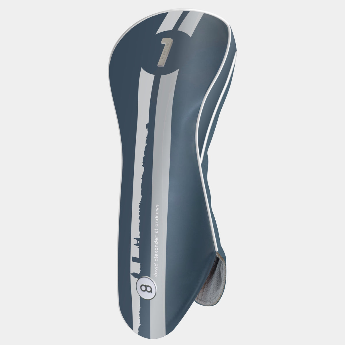 St. Andrews edition madeira blue leather golf club headcover with a bold white and grey racing stripe design, featuring a metal club identifier.