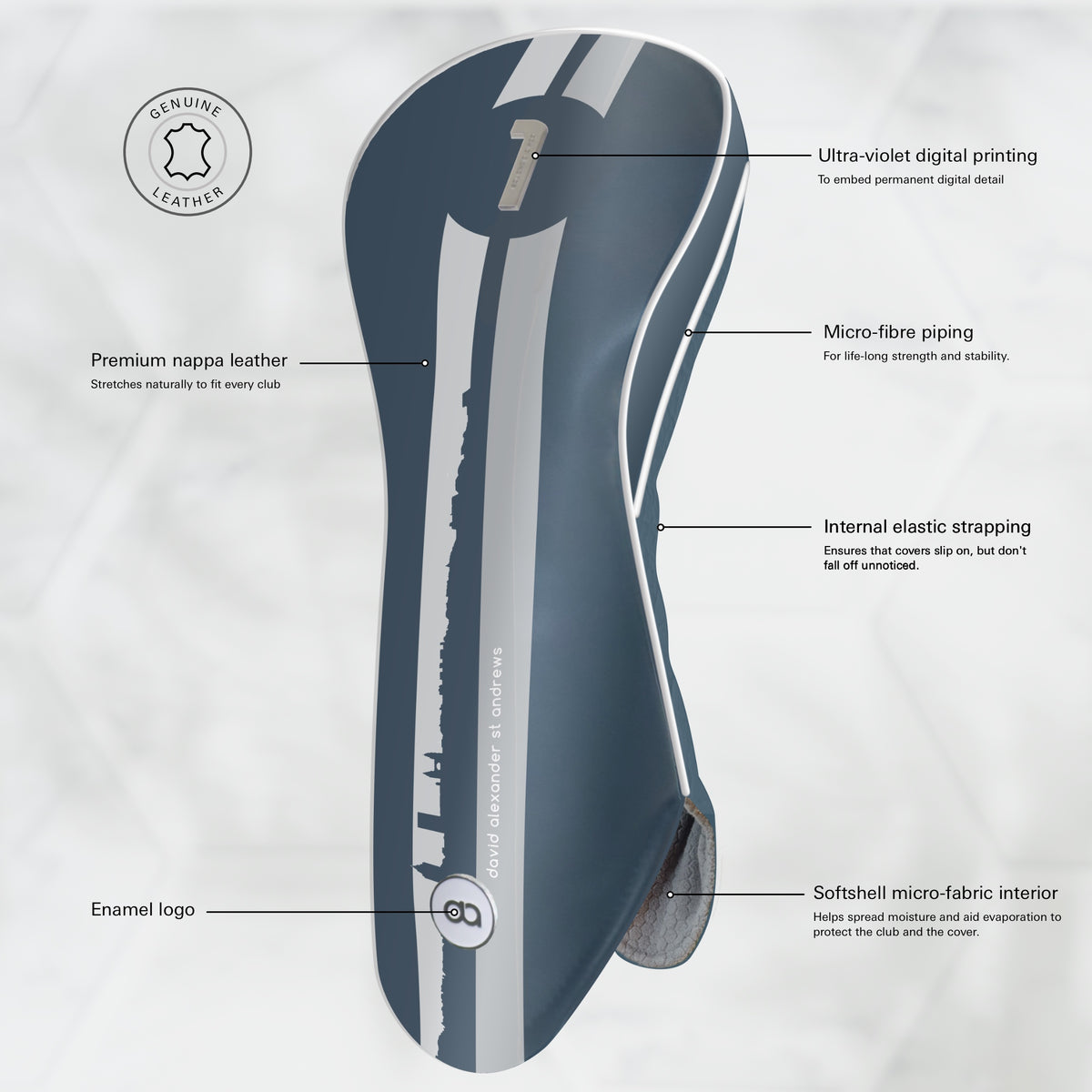 St. Andrews edition madeira blue leather golf club headcover with a bold white and grey racing stripe design, featuring a metal club identifier.