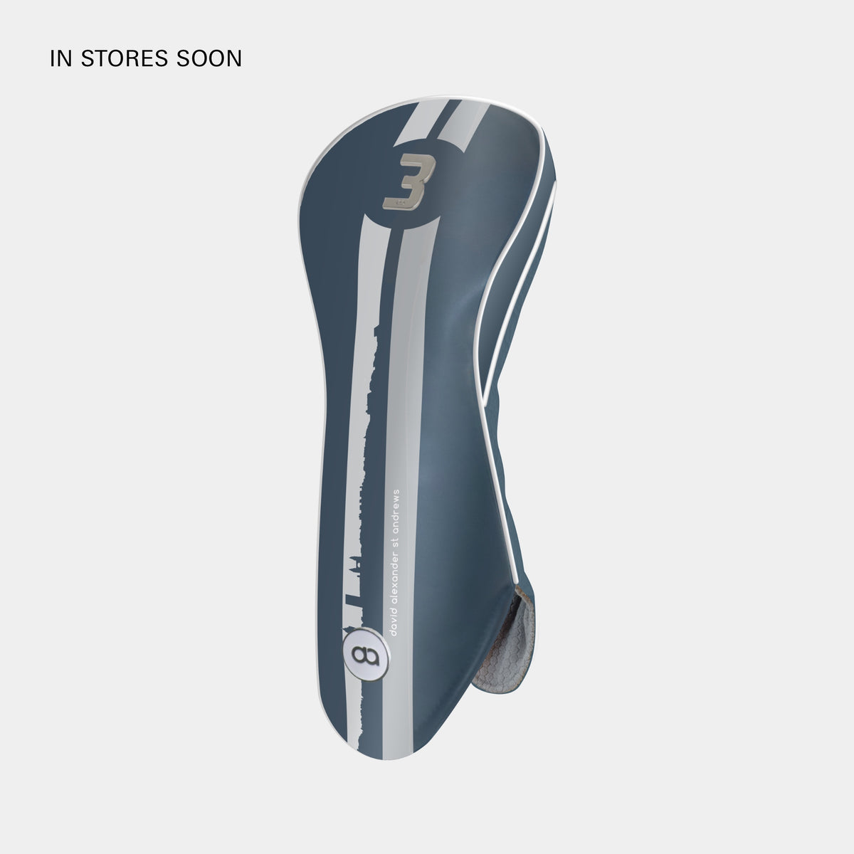 A Madeira blue and white golf club headcover with a vertical St. Andrews cityscape stripe design and a chrome number 3 on the upper portion shown on a light gray background.